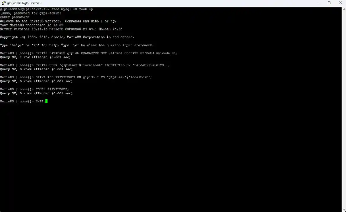 Serçe Bilişim GLPI yapılandırması; MariaDB konsolu üzerinden CREATE DATABASE ve GRANT ALL PRIVILEGES komutlarıyla veritabanı ve yetkili kullanıcı oluşturulması.