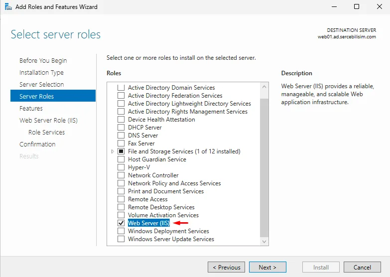 Windows Server'da IIS kurulumu: Add Roles and Features sihirbazının Server Roles ekranında 'Web Server (IIS)' rolünün işaretlenmesi.