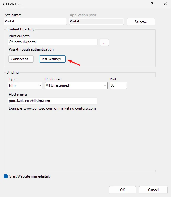 Windows'ta IIS'e site açma: 'Add Website' penceresinde Site name Portal, Physical path C:\inetpub\portal ve http binding portal.ad.sercebilisim.com; IIS aynı adda bir application pool oluşturuyor.