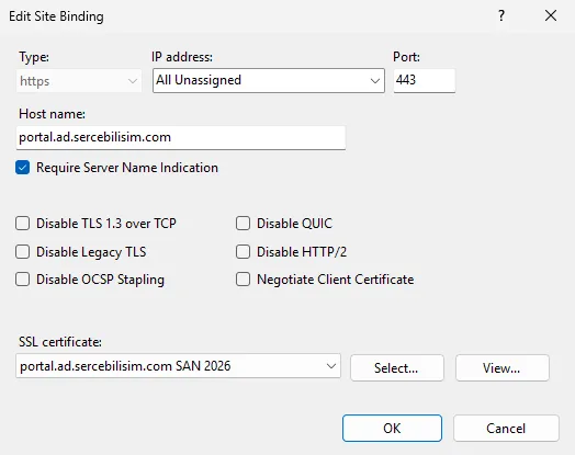 IIS Edit Site Binding penceresi: Type https, IP address All Unassigned, Port 443, Host name 'portal.ad.sercebilisim.com', Require Server Name Indication işaretli, SSL certificate 'portal.ad.sercebilisim.com SAN 2026'.