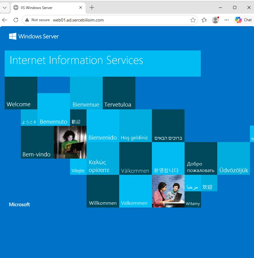 IIS kurulumu doğrulaması: web sunucusunun ayağa kalktığını gösteren Internet Information Services varsayılan karşılama sayfası.