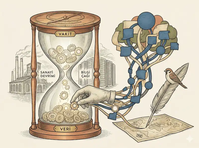 Serçe Bilişim - Vakit ve veri arasındaki geçişi simgeleyen, sanayi devrimi dişlileri içeren kum saati tasarımı