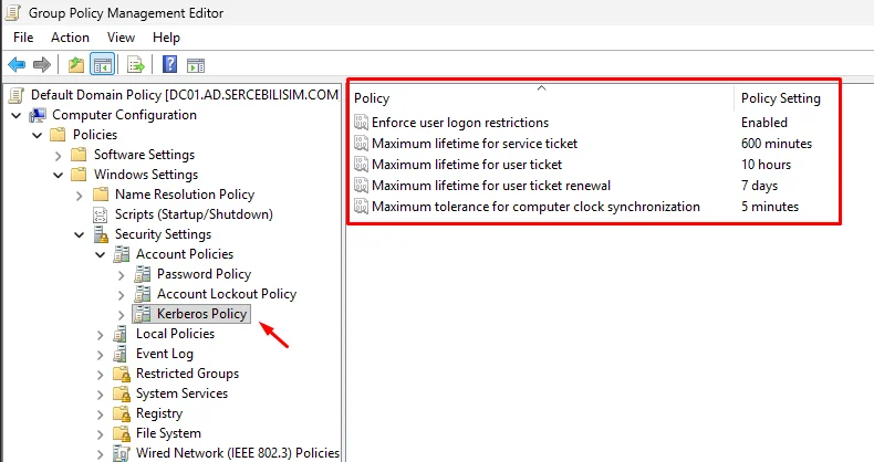 Group Policy Management Editor'da Kerberos Policy dalı ve bilet ömrü ile saat toleransının varsayılan değerleri