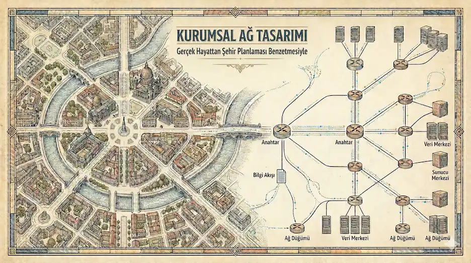 Kurumsal network topolojisi ile modern şehir planlamasını kıyaslayan artistik çizim, Serçe Bilişim akademik stil