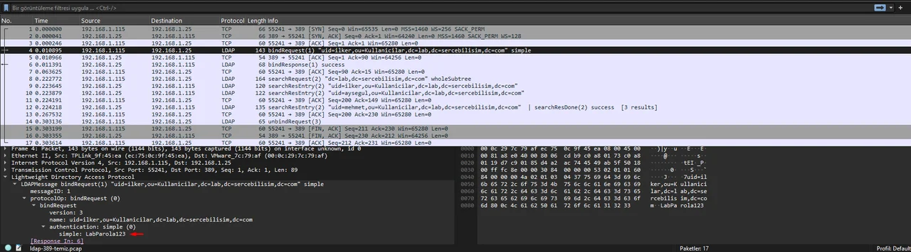 Wireshark'ta LDAP simple bind paketi: bindRequest ağacında açık metin görünen parola alanı ve hex dökümünde aynı baytların karşılığı