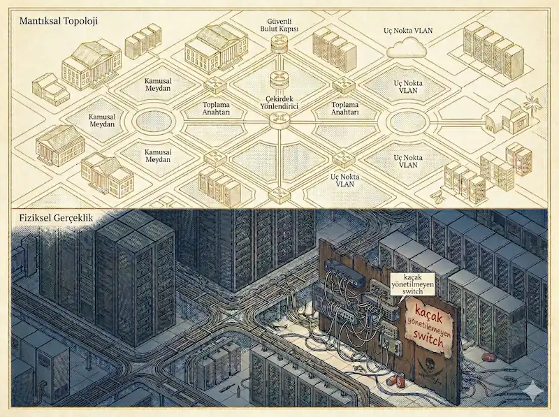 İdeal ağ haritası ile sahadaki fiziksel gerçekliği karşılaştıran hiyerarşik illüstrasyon