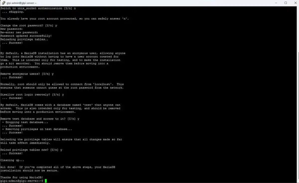Serçe Bilişim MariaDB rehberi; mysql_secure_installation aşamasında sorulan güvenlik soruları ve tavsiye edilen evet/hayır (Y/n) cevaplarının terminal görünümü.
