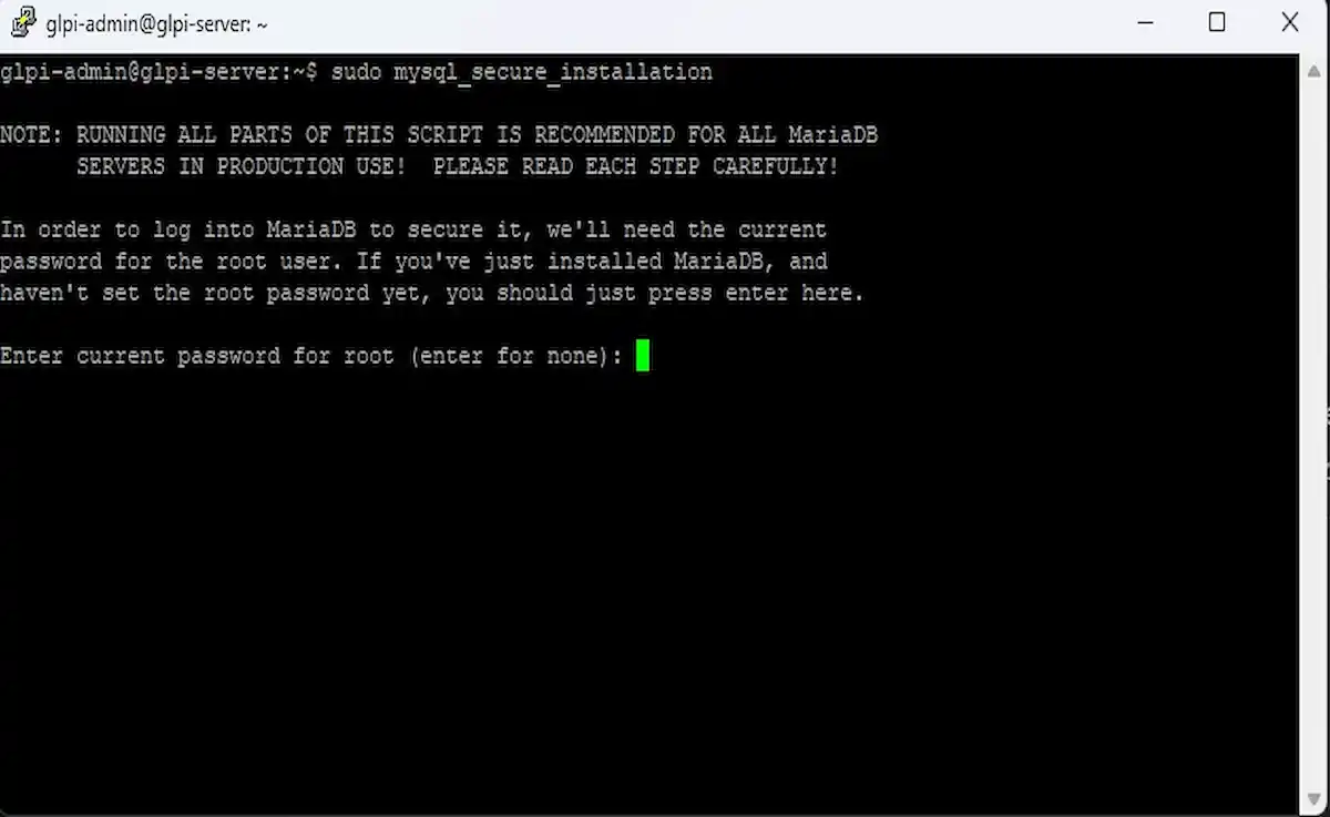 Serçe Bilişim GLPI rehberi; MariaDB güvenliğini sağlamak için sudo mysql_secure_installation komutunun çalıştırılması ve başlangıç root şifresi yapılandırma ekranı.