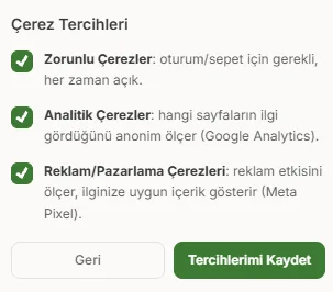 Zorunlu, analitik ve reklam pazarlama çerezlerinin ayrı ayrı yönetildiği KVKK uyumlu çerez tercihleri paneli