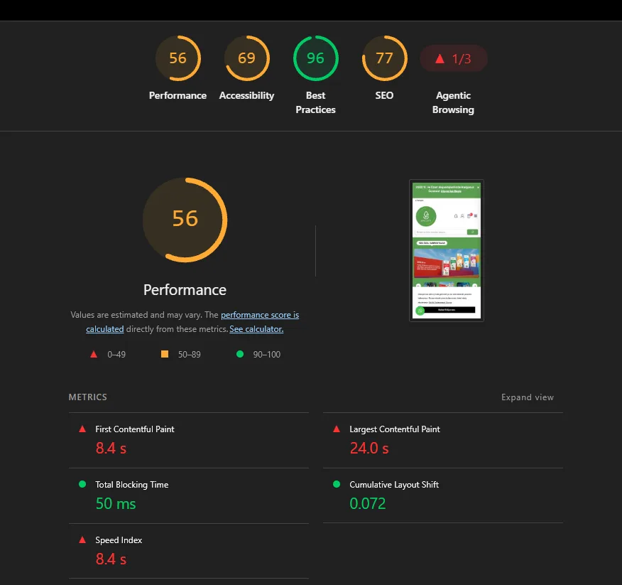 Şifa Lady eski sitesinin 56 performans puanı ve 24 saniyelik LCP değeri gösteren PageSpeed Insights sonucu
