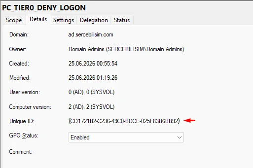 Group Policy Management Details sekmesi: GPO'nun Unique ID alanındaki GUID ve sürüm numaralarının AD ile SYSVOL için ayrı ayrı gösterilmesi