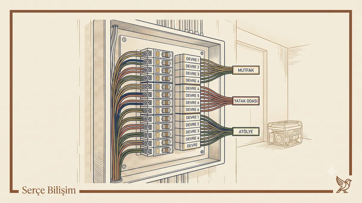 Bir binanın elektrik dağıtım panosunu kurumsal switch ve router altyapısına benzeten illüstrasyon