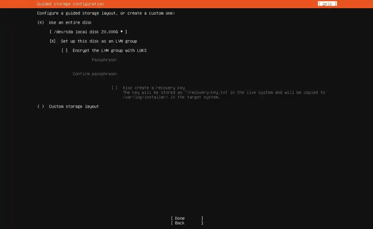 Serçe Bilişim Ubuntu Server kurulum rehberi; Storage configuration ekranında FILE SYSTEM SUMMARY tablosu, disk bölümleri (boot, root) ve bağlama noktalarının (mount points) gösterilmesi.