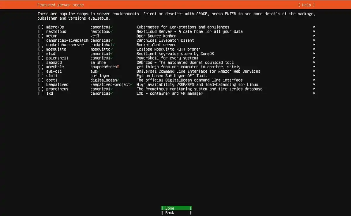 Serçe Bilişim Ubuntu Server kurulum rehberi; Featured Server Snaps ekranında sunulan popüler yazılım paketleri listesi ve seçim aşaması.