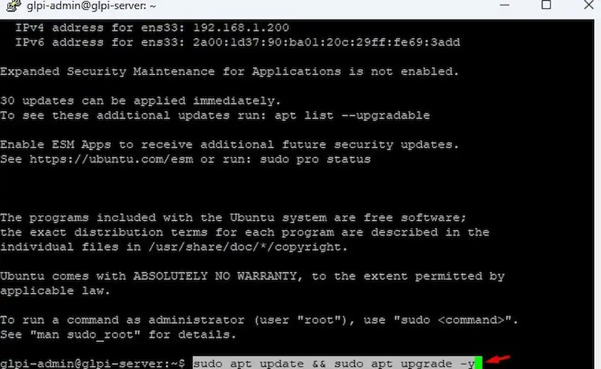 Serçe Bilişim Ubuntu Server rehberi; PuTTY üzerinden bağlanan terminalde sudo apt update ve sudo apt upgrade -y komutlarının yürütülmesi.