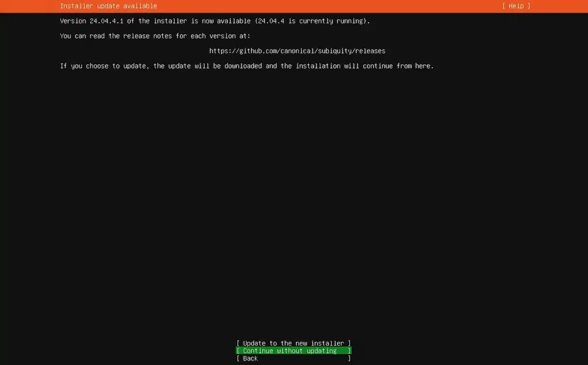 Serçe Bilişim Ubuntu Server kurulum rehberi; Installer Update ekranında güncel yükleyici kontrolü ve sürüm seçimi aşaması.
