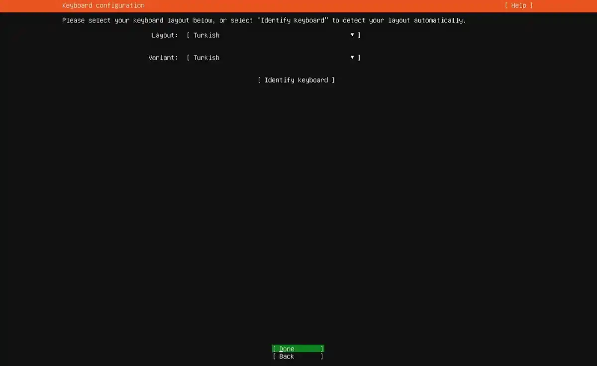 Serçe Bilişim Ubuntu Server kurulum rehberi; klavye yapılandırma ekranında Layout ve Variant seçeneklerinin 