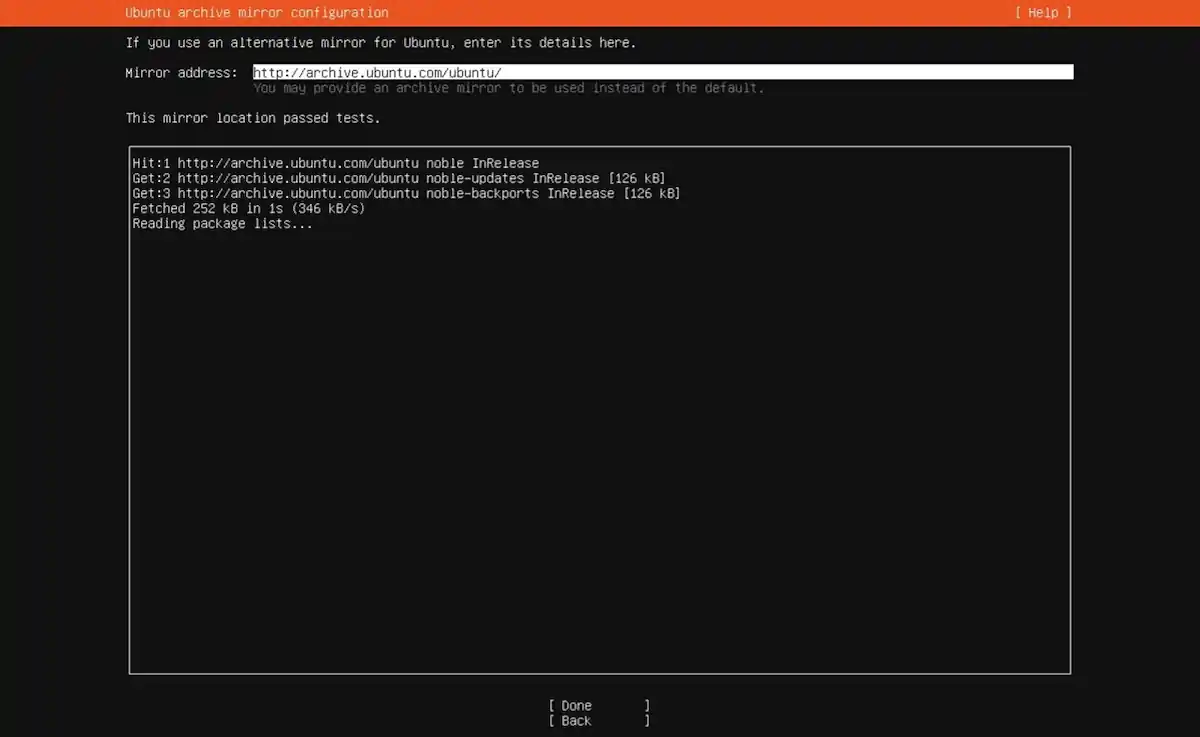 Serçe Bilişim Ubuntu Server kurulum rehberi; Configure Ubuntu archive mirror ekranında Türkiye sunucusu (tr.archive.ubuntu.com) seçim aşaması.