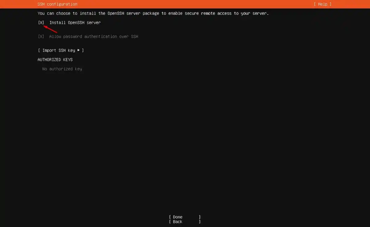 Serçe Bilişim Ubuntu Server kurulum rehberi; SSH Setup ekranında 