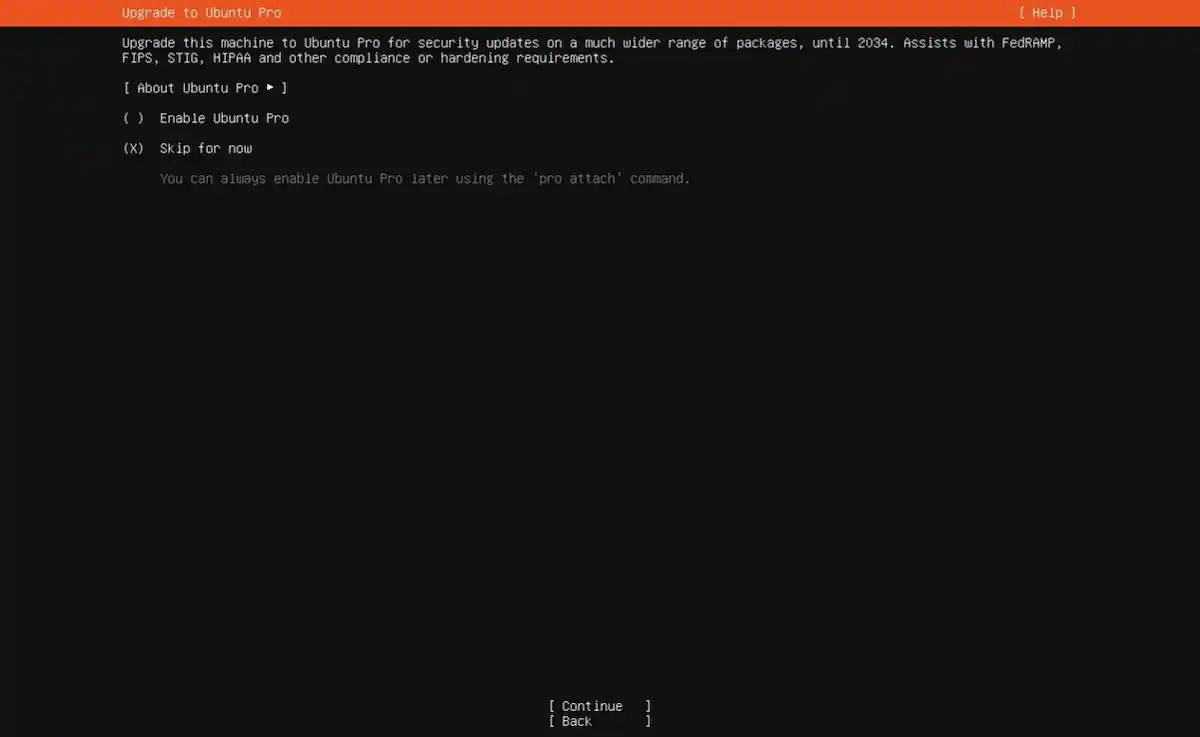 Serçe Bilişim Ubuntu Server kurulumu; Ubuntu Pro avantajlarının (güvenlik güncellemeleri, 10 yıl destek) tanıtıldığı ve kişisel kullanım için ücretsiz seçenek sunan etkinleştirme ekranı.