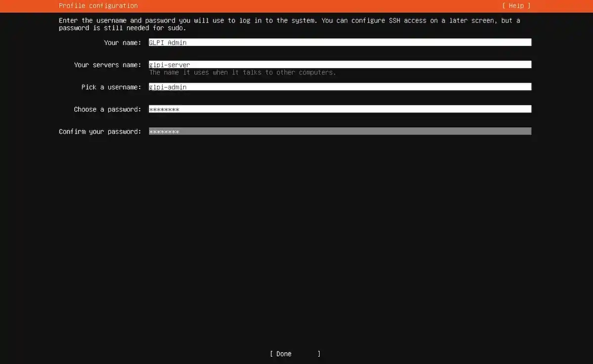 Serçe Bilişim Ubuntu Server kurulum rehberi; Profile configuration ekranında kullanıcı adı (glpi-admin), sunucu adı (glpi-server) ve şifre belirleme alanlarının doldurulması.