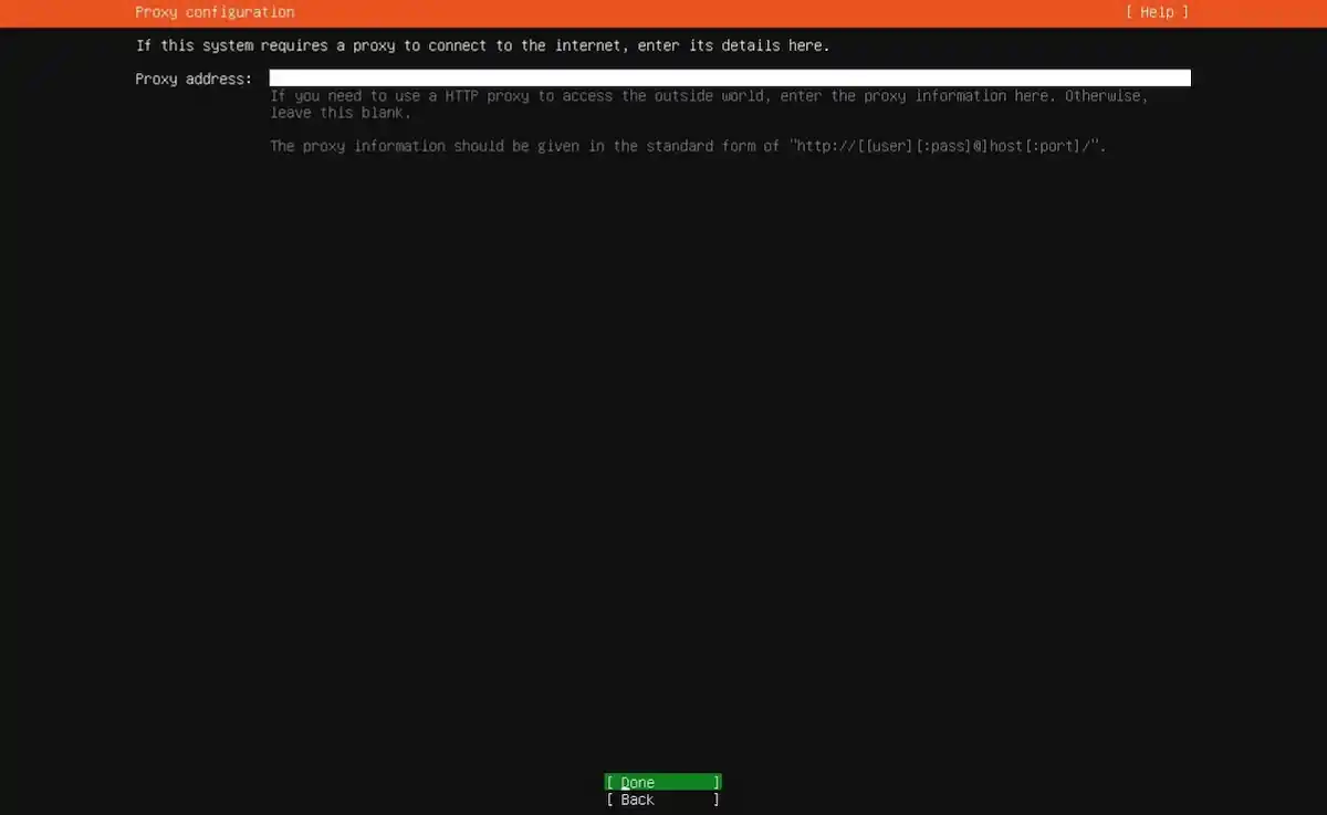 Serçe Bilişim Ubuntu Server kurulum rehberi; Proxy configuration ekranında HTTP proxy adres giriş alanı ve yapılandırma adımı.