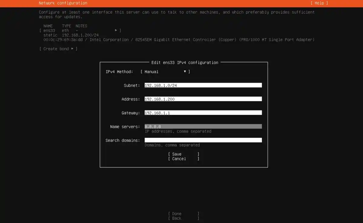 Serçe Bilişim Ubuntu Server kurulum rehberi; IPv4 yapılandırma ekranında manuel (static) IP, Subnet, Gateway ve DNS ayarlarının yapılması.