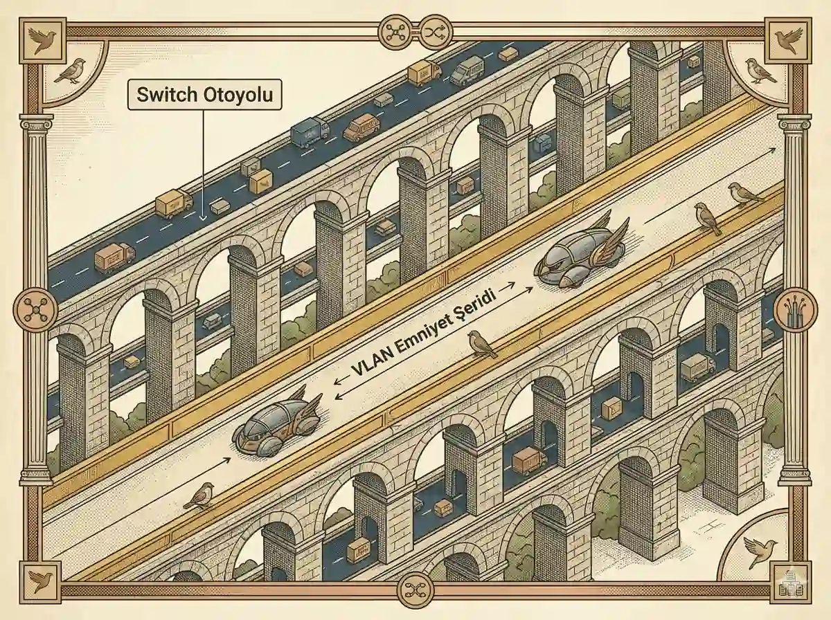 VLAN emniyet şeridi ve switch otoyolu ağ trafiği segmentasyonu teknik analojisi