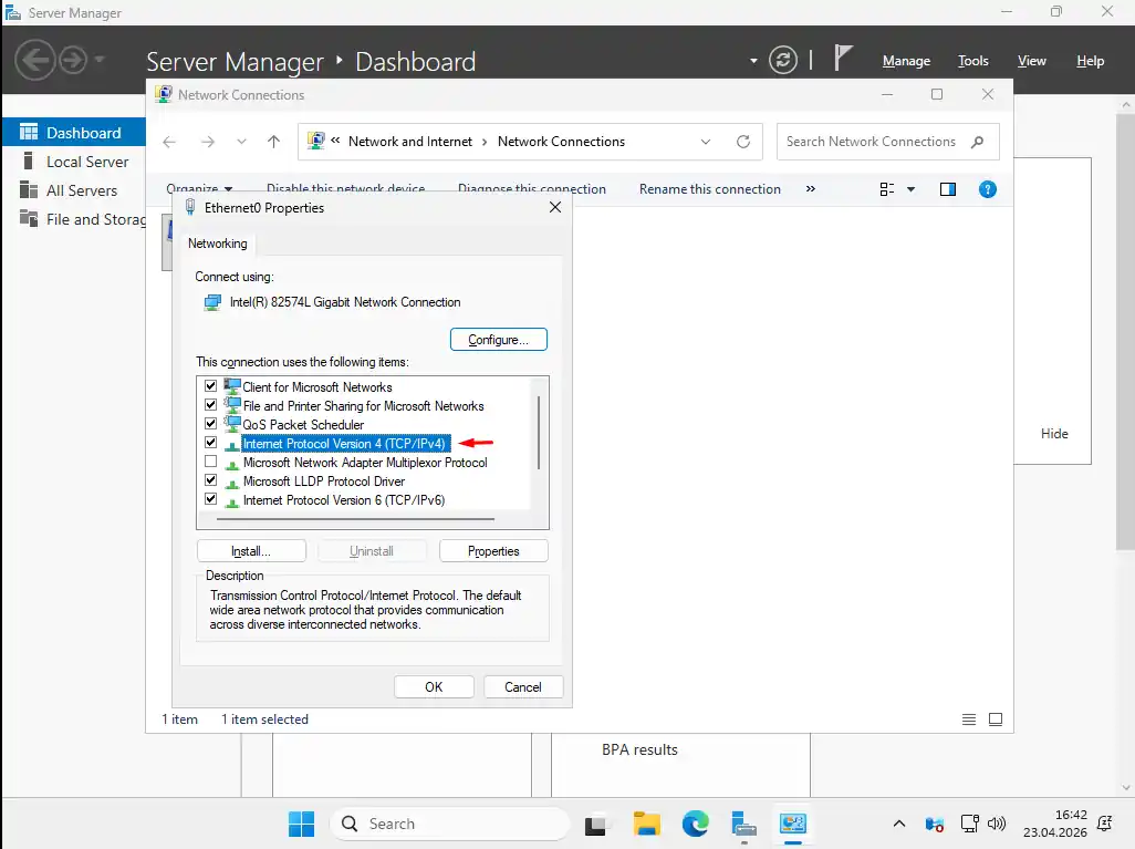 Windows Server 2025 Ethernet adaptör özellikleri: IPv4 seçili