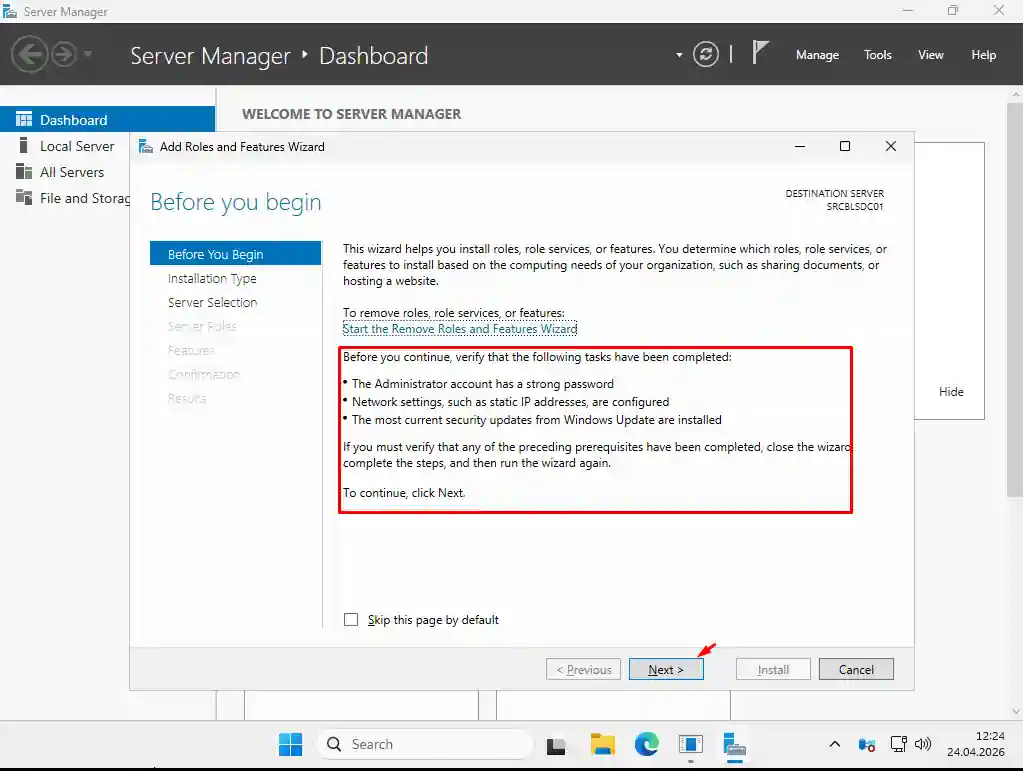 Windows Server 2025 Add Roles and Features Wizard Before You Begin ekranı: üç ön koşul listesi