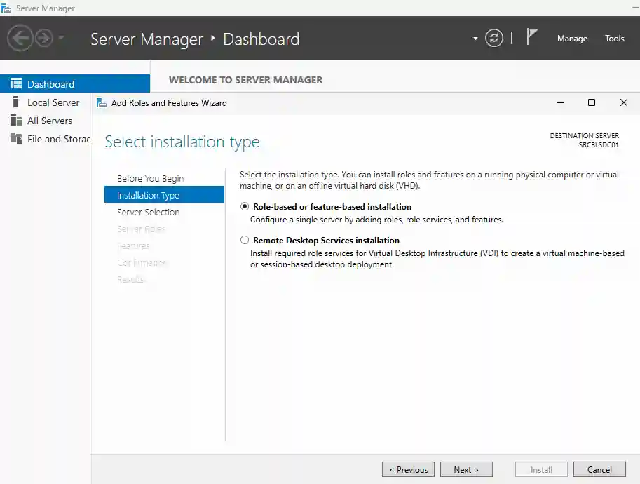 Windows Server 2025 Add Roles and Features Wizard Installation Type ekranı: Role-based or feature-based installation seçili