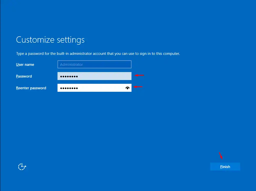 Windows Server 2025 kurulum sonrası Customize Settings ekranı: Administrator kullanıcı adı ve parola belirleme
