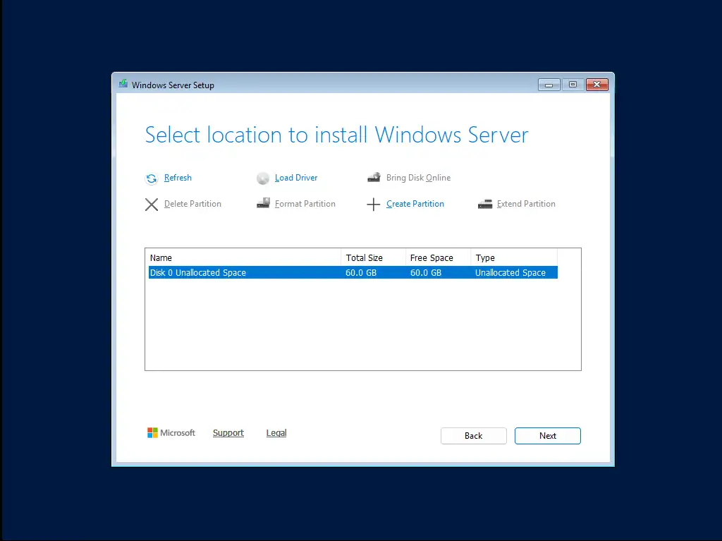Windows Server 2025 kurulum konumu seçim ekranı: 60 GB VMware sanal diski seçili