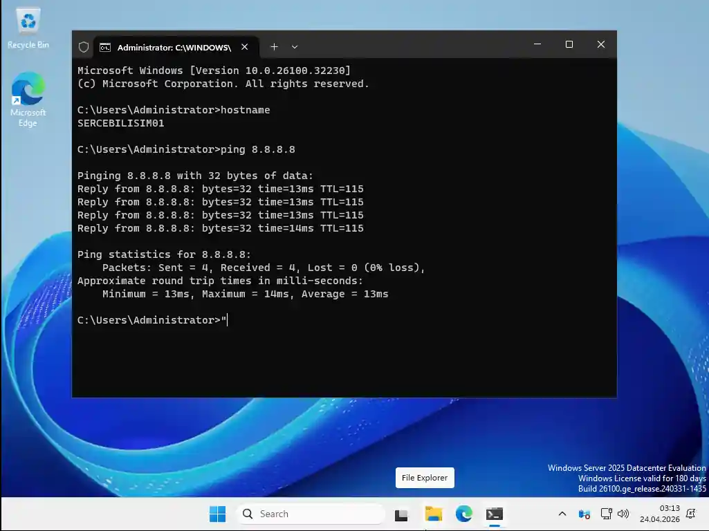 Windows Server 2025 CMD ekranında hostname ve ping 8.8.8.8 komutları: yeni sunucu adı ve Google DNS'e başarılı yanıt