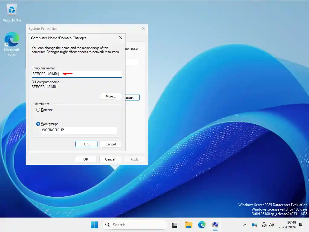 Windows Server 2025 Computer Name Changes diyaloğu: yeni hostname girilmiş
