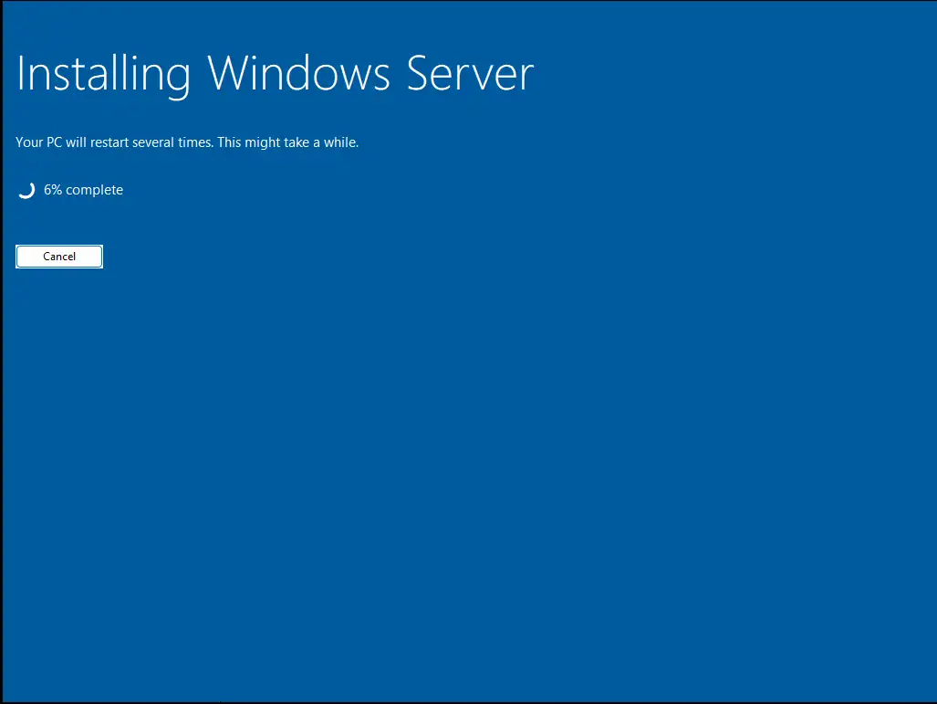 Windows Server 2025 kurulum ilerleme ekranı: Installing Windows mesajı ve yeniden başlatma uyarısı