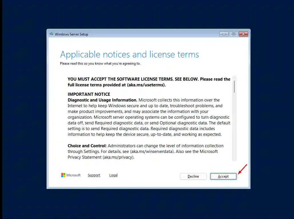Windows Server 2025 kurulum sihirbazı Microsoft lisans koşulları kabul ekranı
