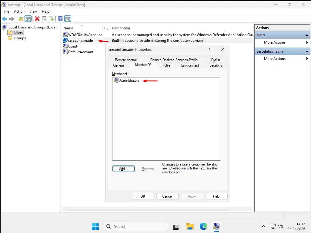Windows Server 2025 lusrmgr.msc ekranı: Administrator hesabı sercebilisimadm olarak yeniden adlandırılmış, Member Of sekmesinde Administrators grubuna üyelik görünüyor