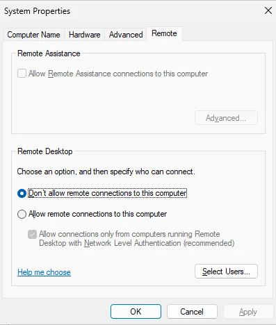 RDP kapalı durumu: Windows Server 2025 System Properties penceresinin Remote sekmesinde 'Don't allow remote connections to this computer' seçeneği işaretli