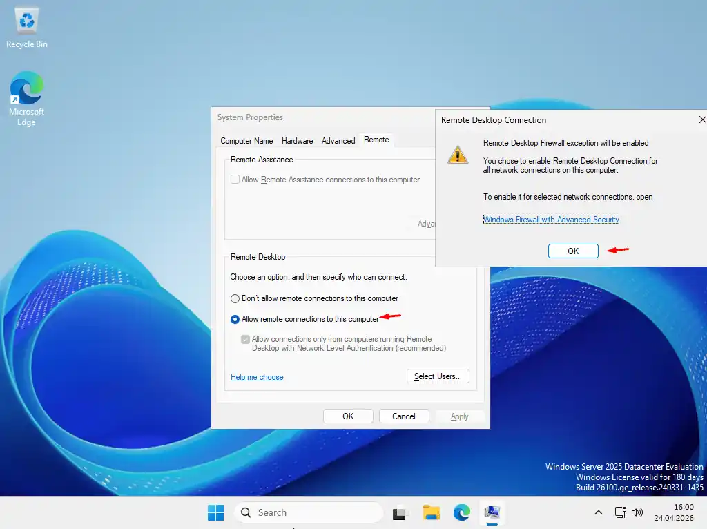 Windows Server 2025 sysdm.cpl Remote sekmesi: Allow remote connections seçili ve firewall exception uyarı dialogu