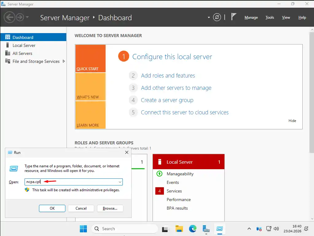 Windows Server 2025 üzerinde Win+R ile ncpa.cpl komutu, arka planda Server Manager Dashboard