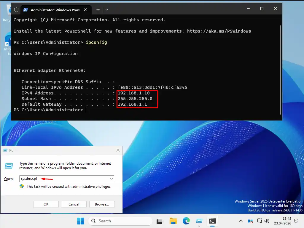 Windows Server 2025 üzerinde Win+R ile sysdm.cpl komutu