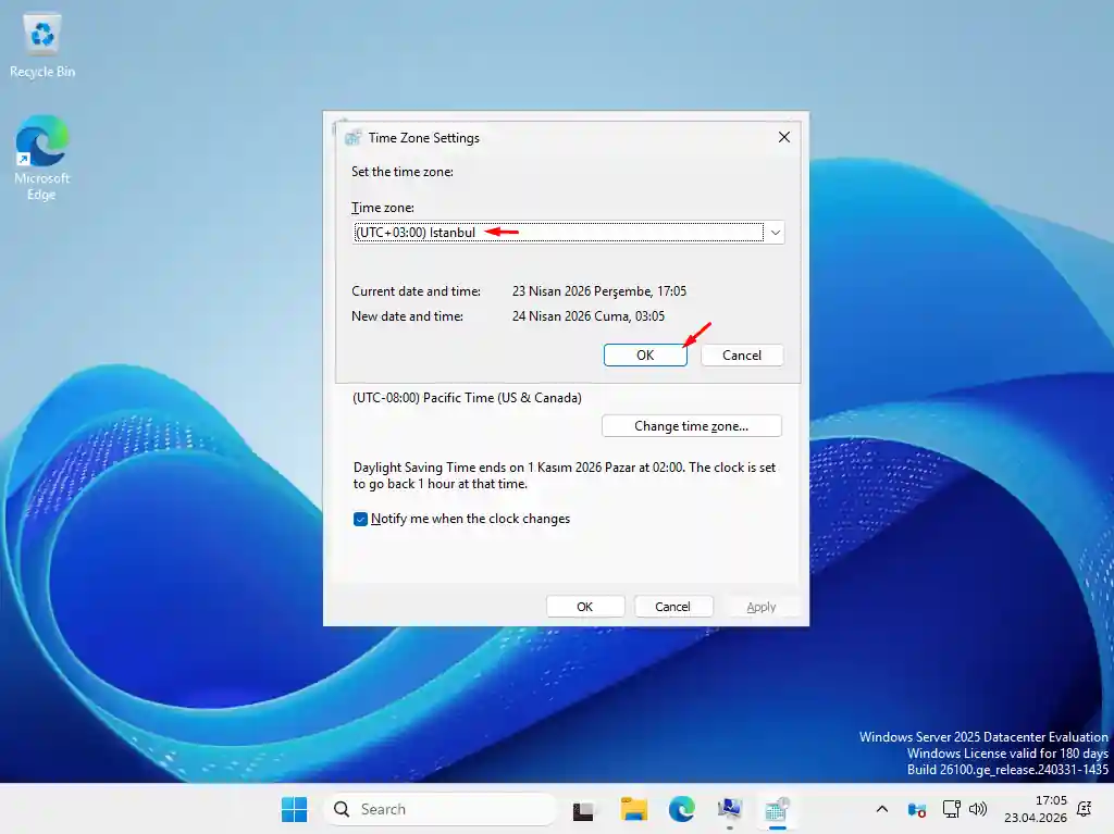Windows Server 2025 saat dilimi seçim ekranı: UTC+03:00 Istanbul seçili
