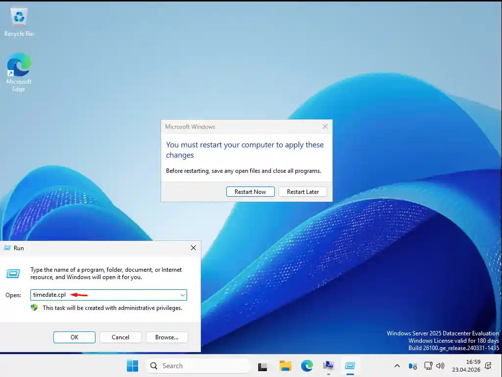 Windows Server 2025 üzerinde Win+R ile timedate.cpl komutu, arka planda yeniden başlatma uyarısı bekliyor