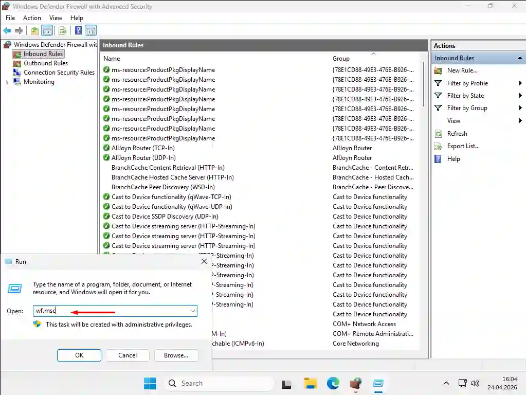 Windows Server 2025 wf.msc ekranı: Windows Defender Firewall with Advanced Security genel kurallar listesi
