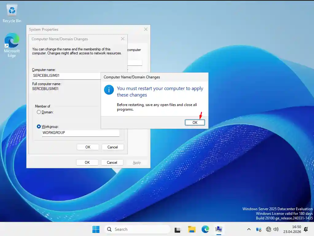 Windows Server 2025 hostname değişikliği sonrası yeniden başlatma onay diyaloğu